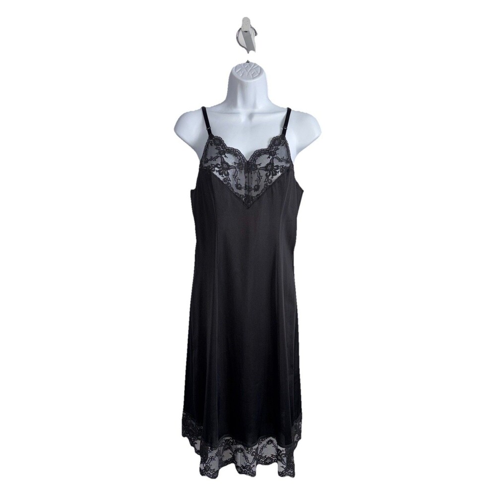 Vtg 80's Vanity Fair Black Full Slip Size Large 34 Lace Trim Dupont Nylon